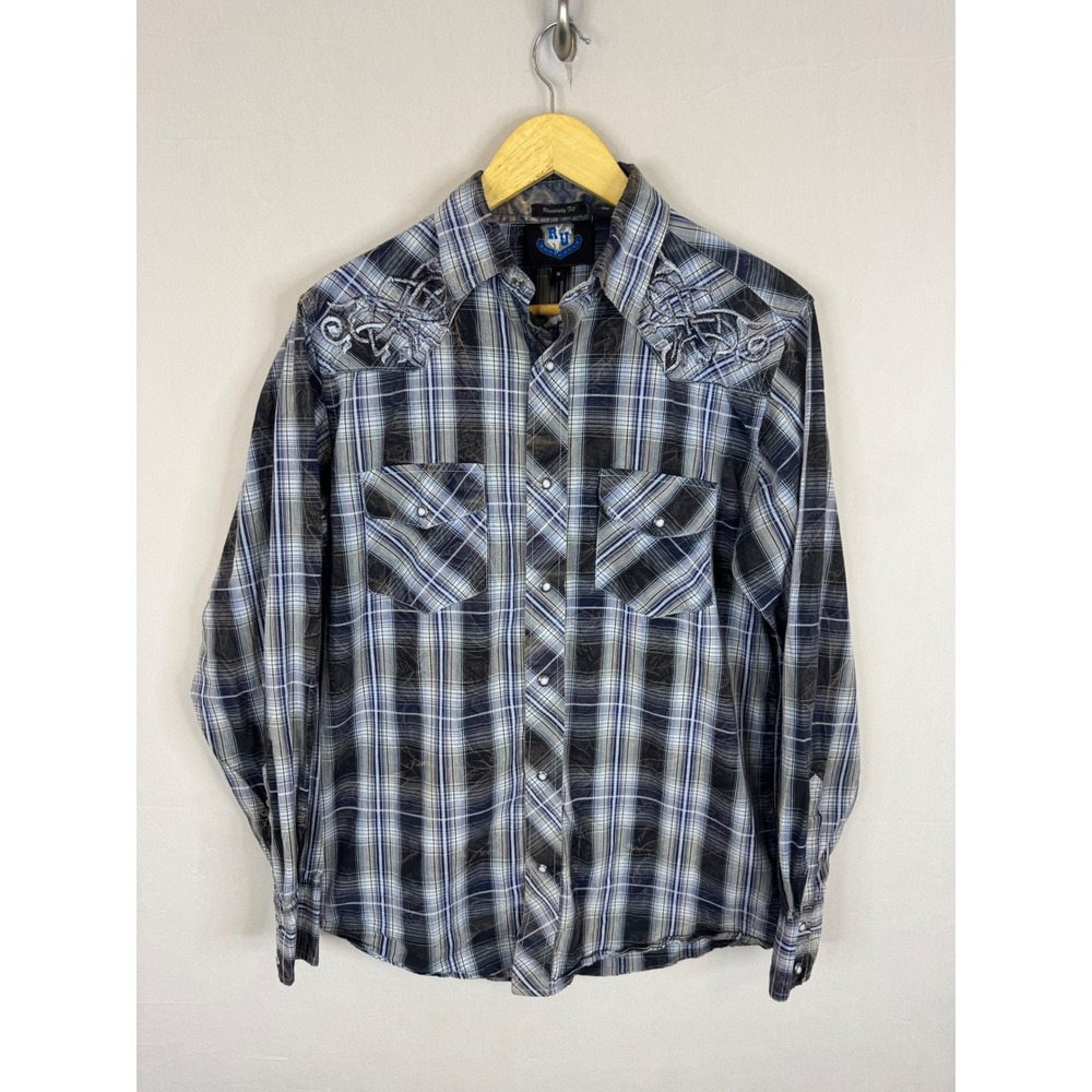 RU University Fit Mens Plaid‎ Western Snap Shirt Blue Grey Embroidered Medium